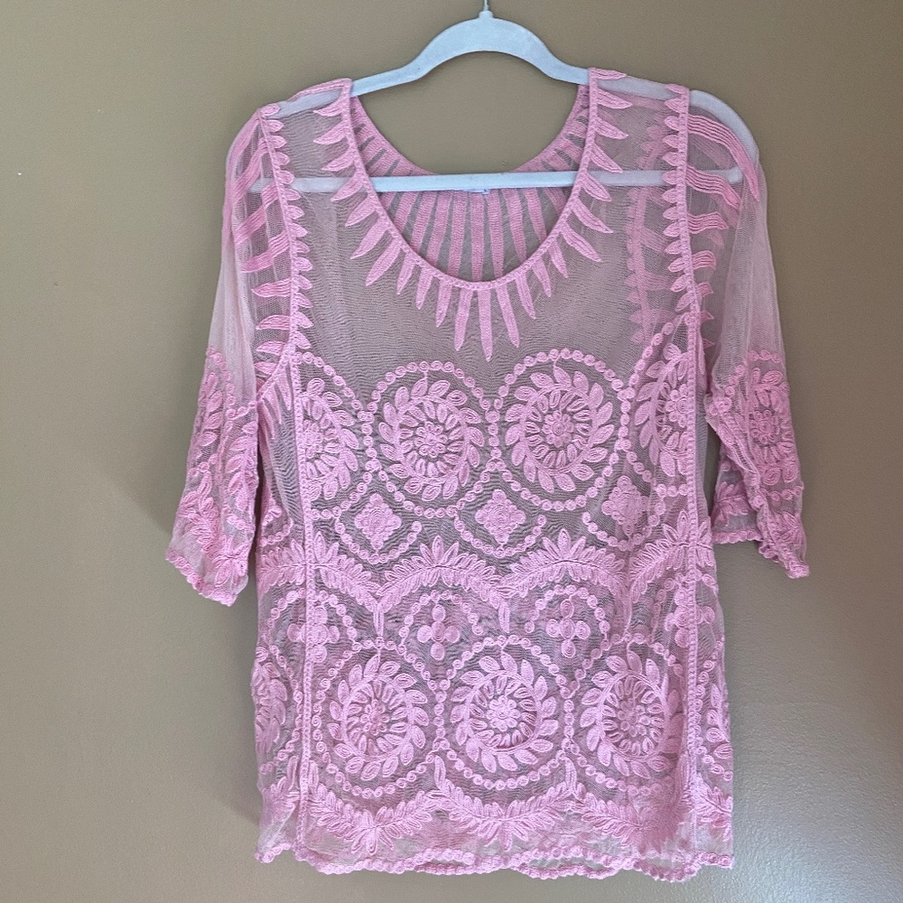 COPY - WOMENS LADIES SHEER PINK LACE TOP BLOUSE SHIRT SEXY